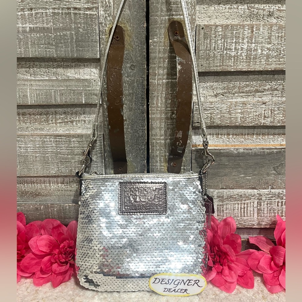 COACH Poppy Disco Sequin Mini Silver Crossbody